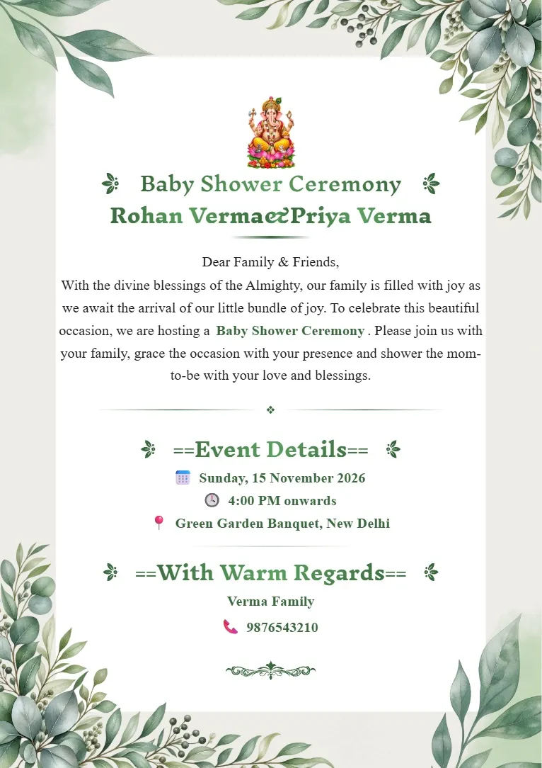 Elegant babyshower invitation card maker template with cream background, green botanical leaves, delicate floral corners and centered event details