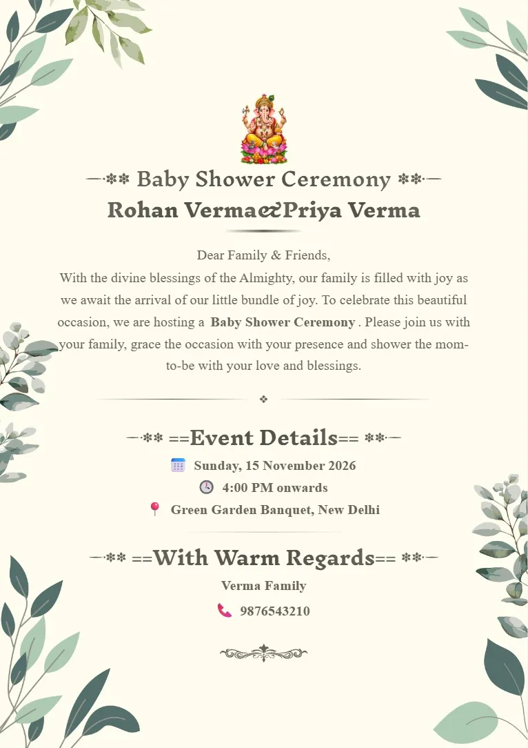 Minimal leaf baby shower invitation card maker template