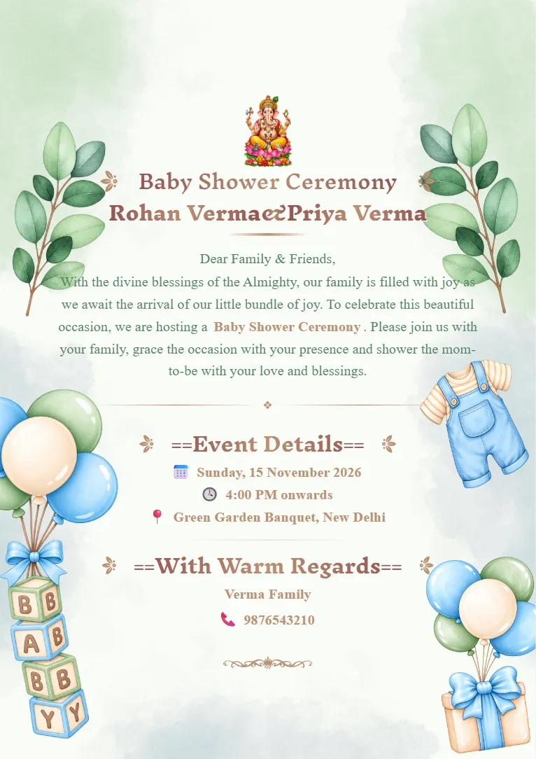 Pastel green babyshower invitation card maker template with leafy botanical decorations, balloons, baby blocks and baby shower event details