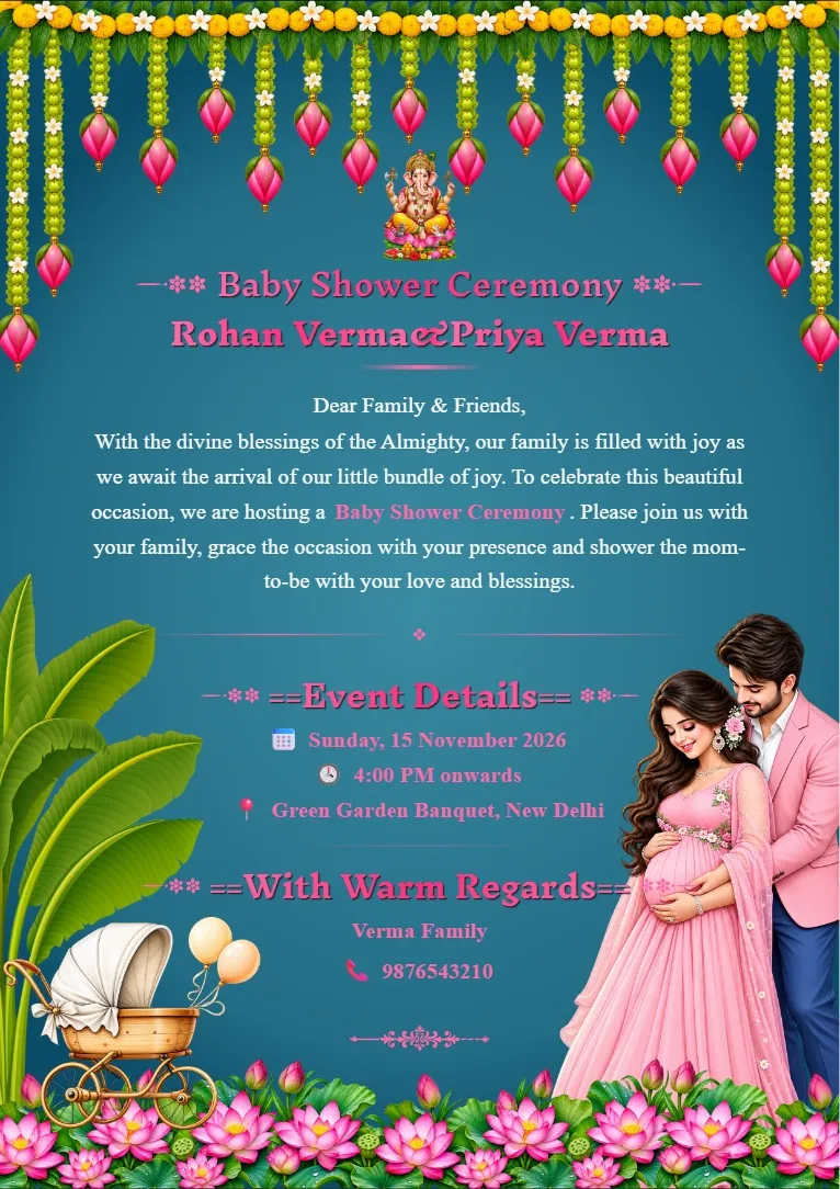 Pink and green babyshower invitation card maker with baby shower couple illustration, hanging ornaments, floral border and event details