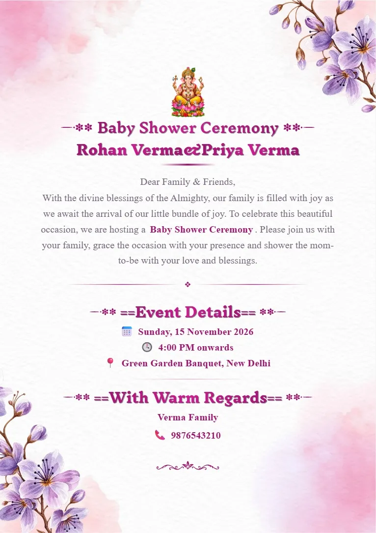 Purple floral babyshower invitation card maker template with soft pink background, lavender flowers, decorative borders and baby shower event details