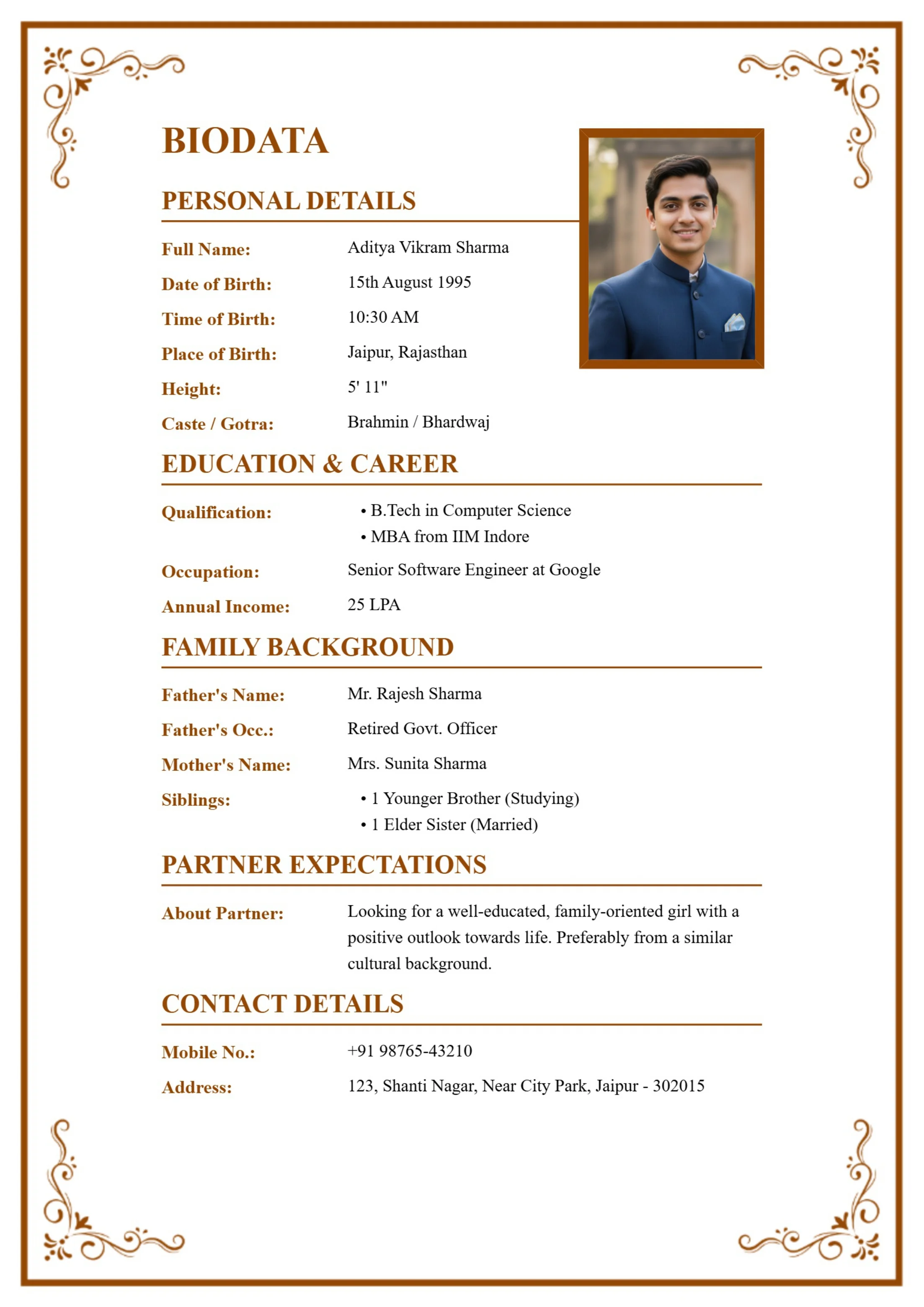 Minimal elegant light border biodata template for boys