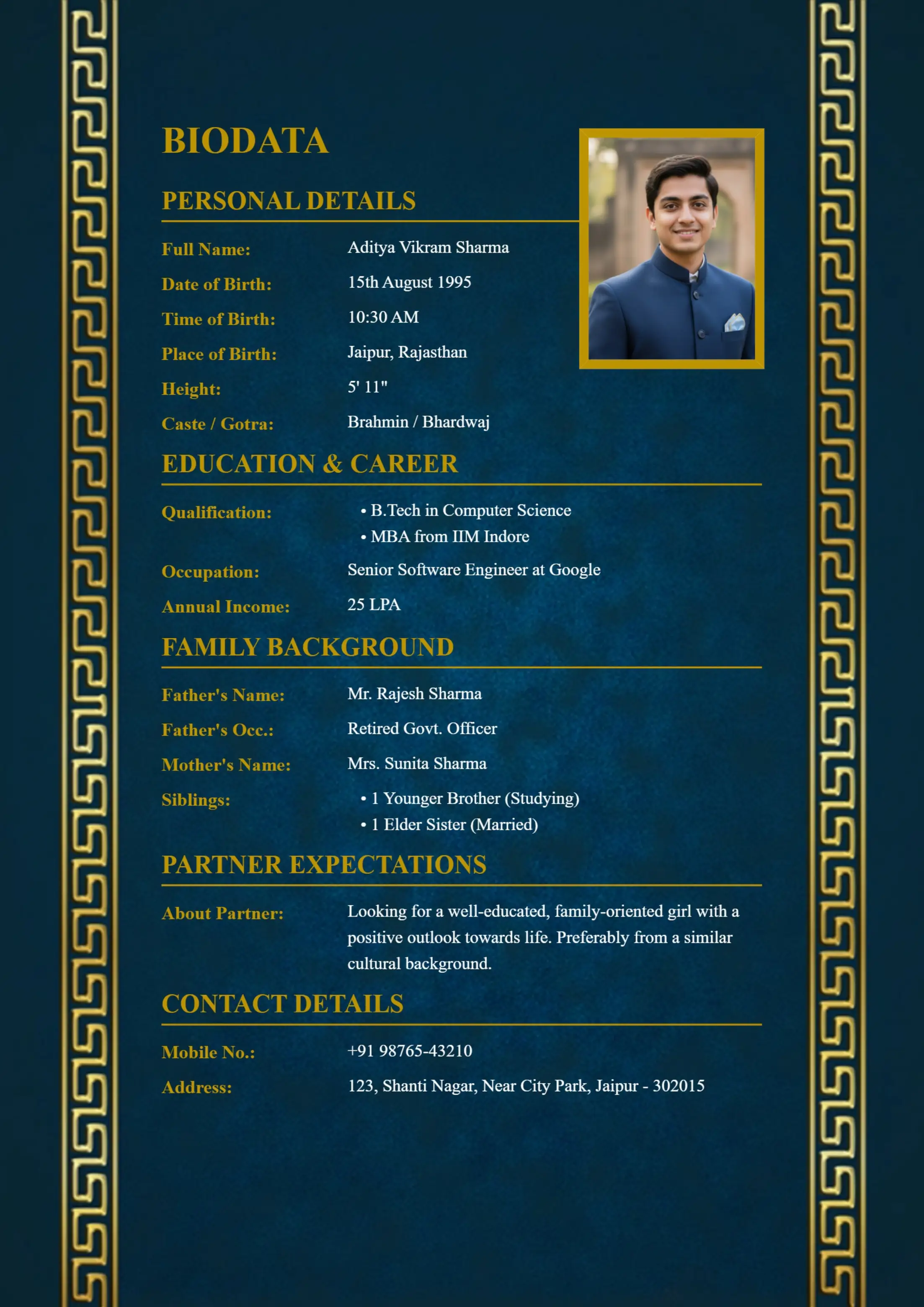Royal blue Jain vivah biodata template for boys