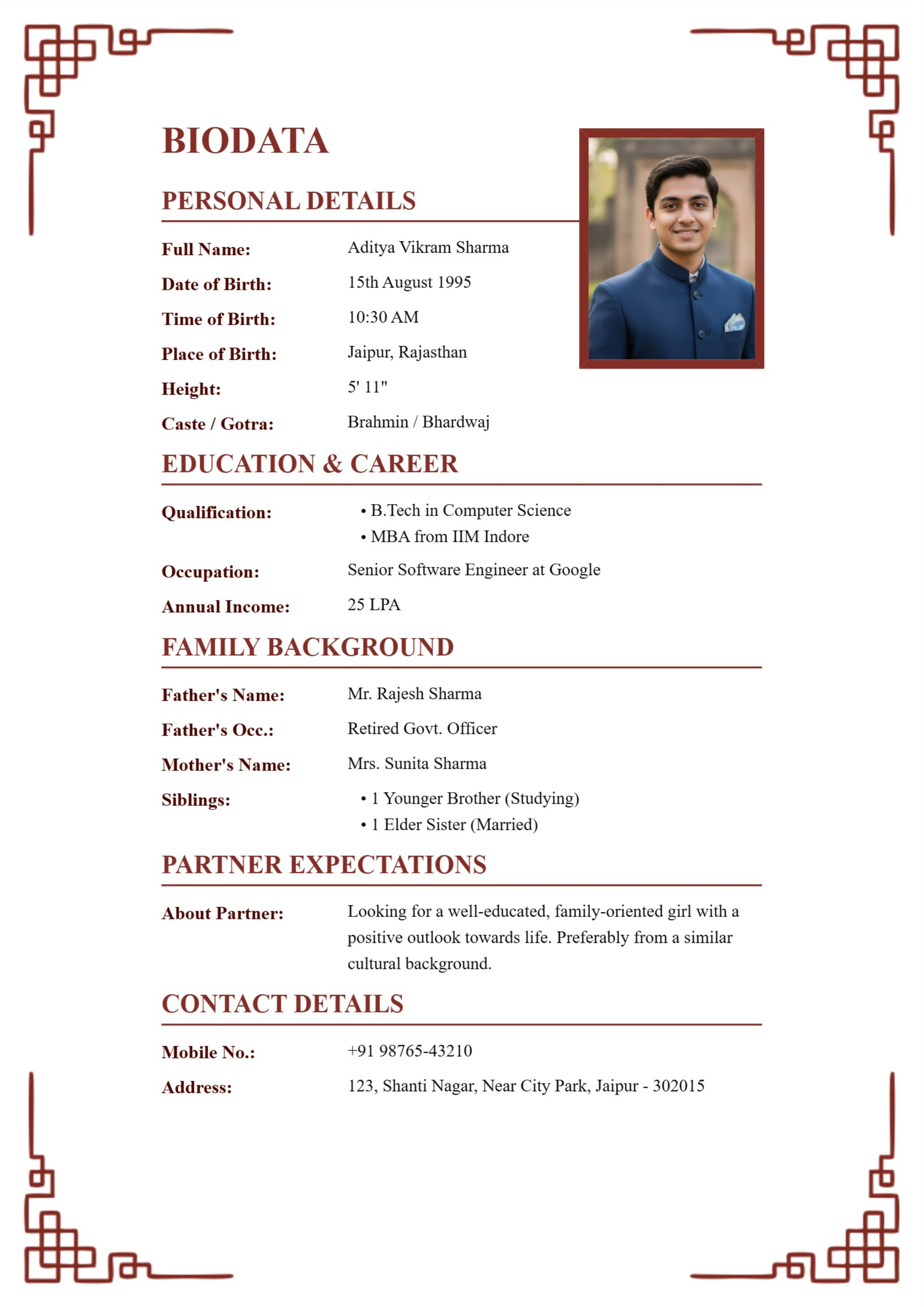 Minimal Elegant Border Marriage Biodata Template for Girl