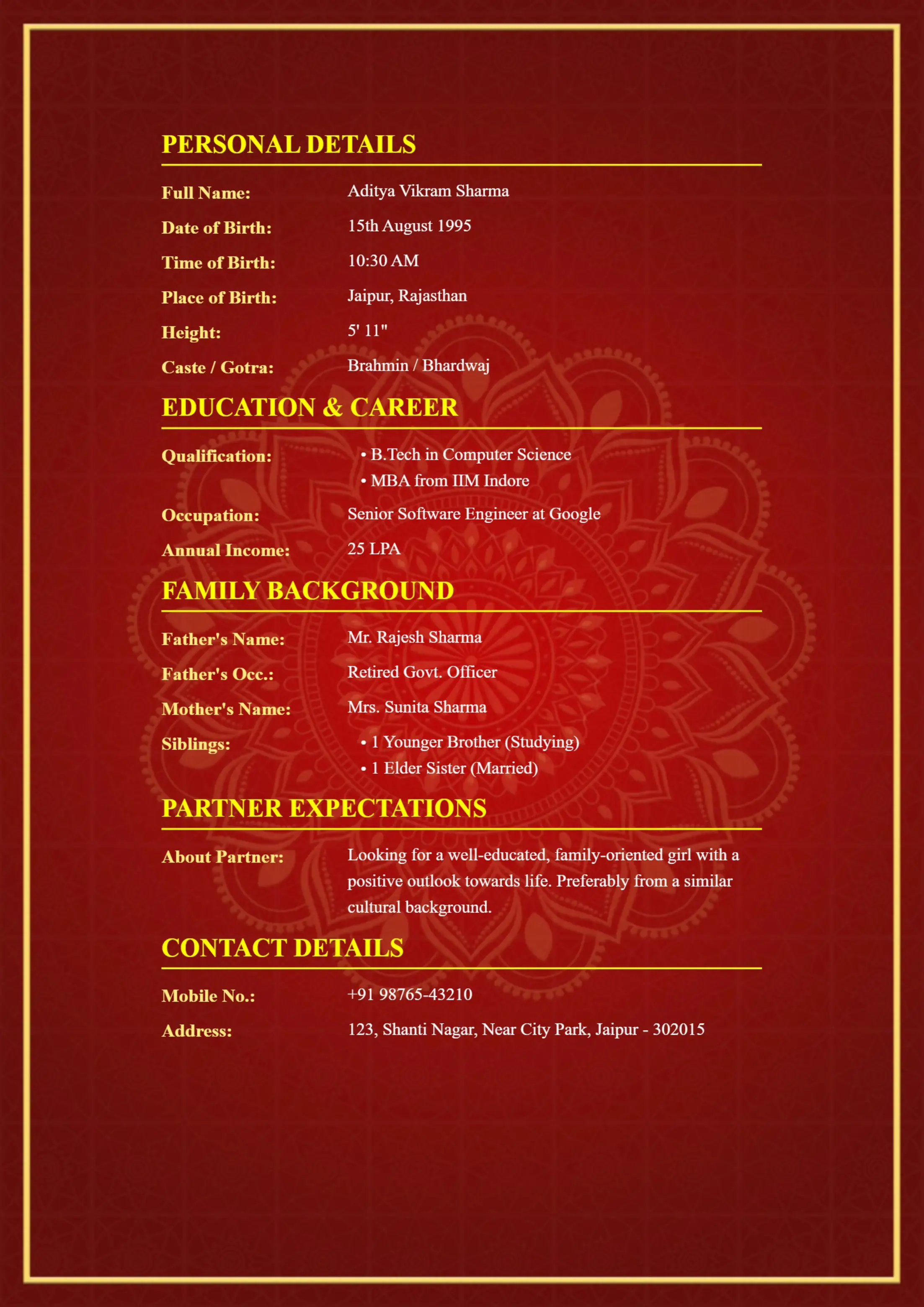 Royal red two-page biodata template for boys