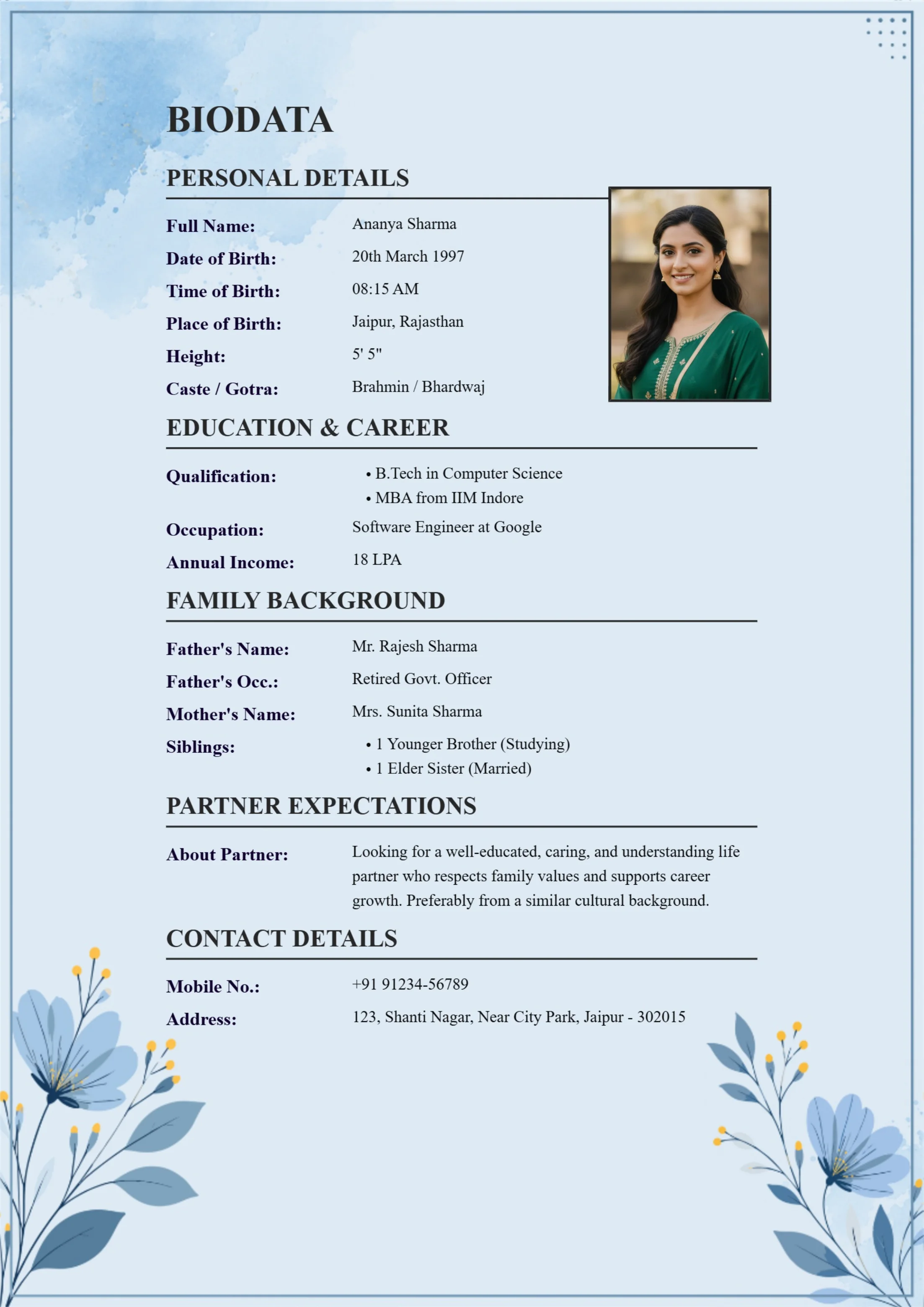 Blue floral minimal biodata template for girls