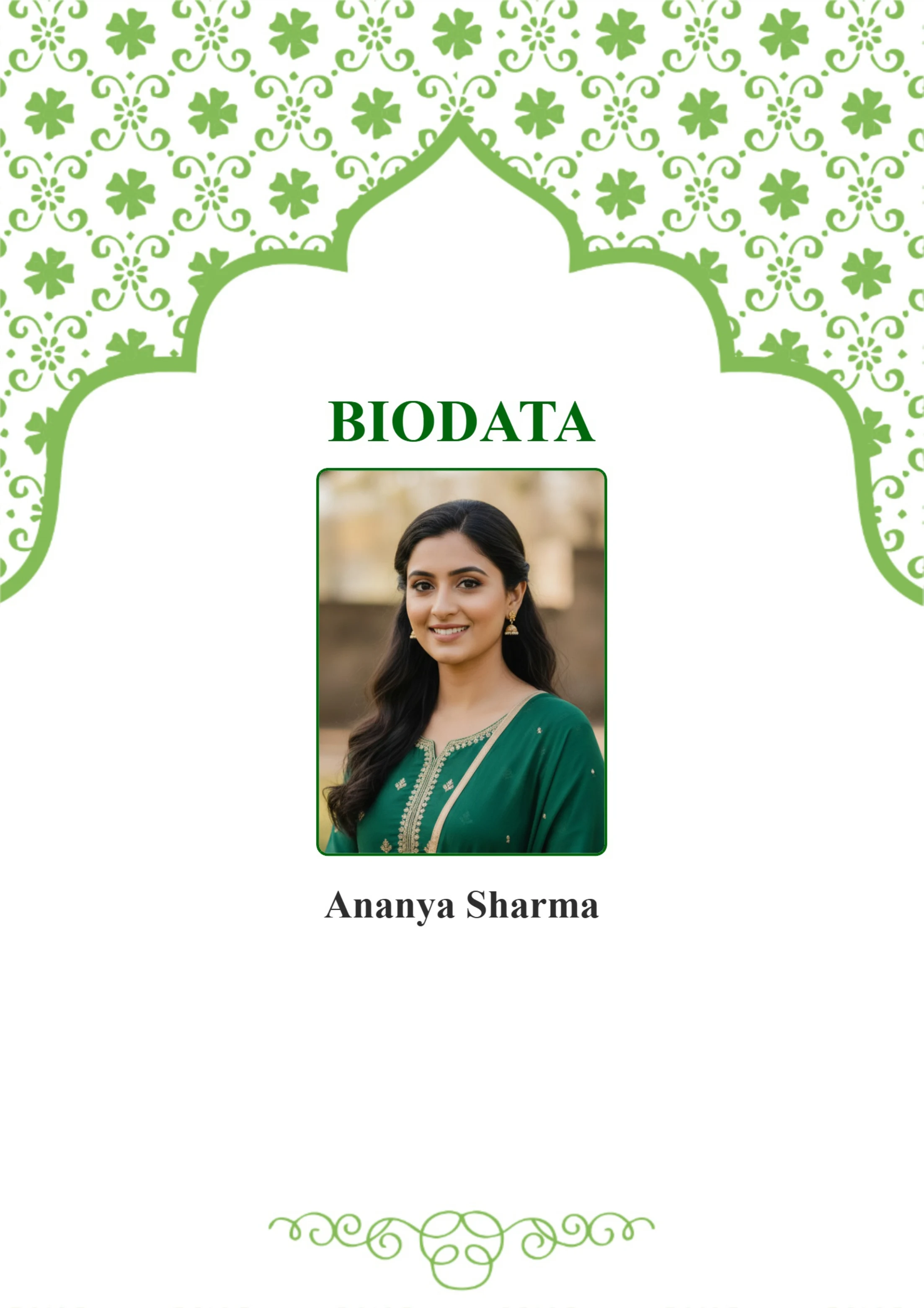 Decorative green arch pattern biodata template for girls