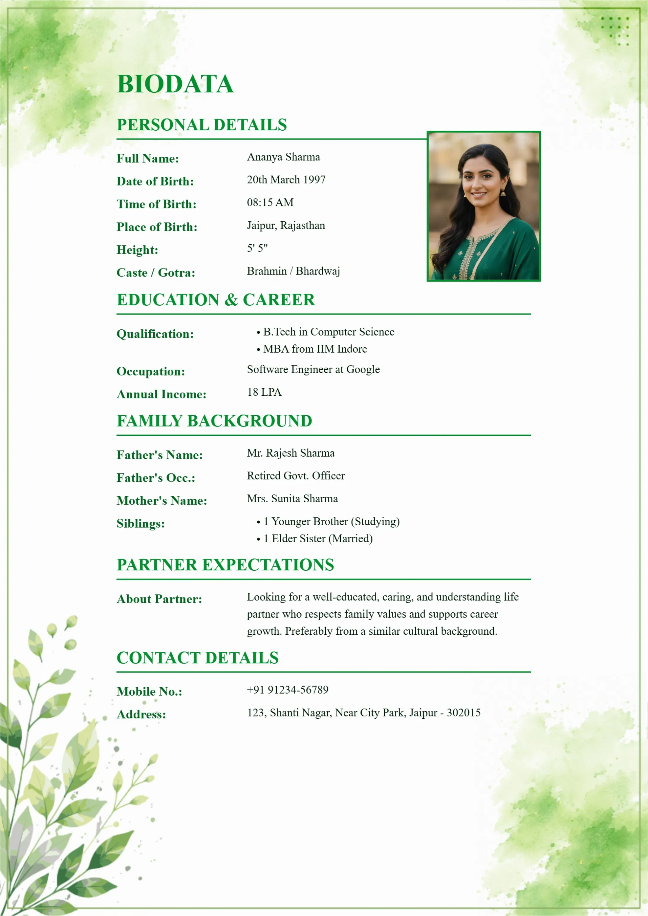 Green floral corner biodata template for girls