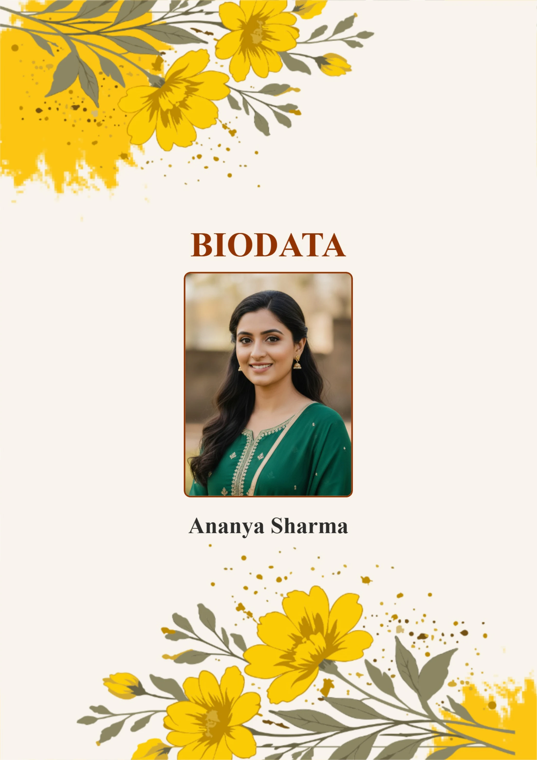 Yellow floral modern corner biodata template for girls