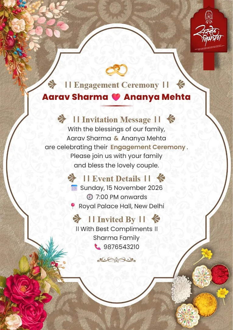 Beige engagement invitation card format with elegant white ornamental frame, pink floral decorations and soft traditional design