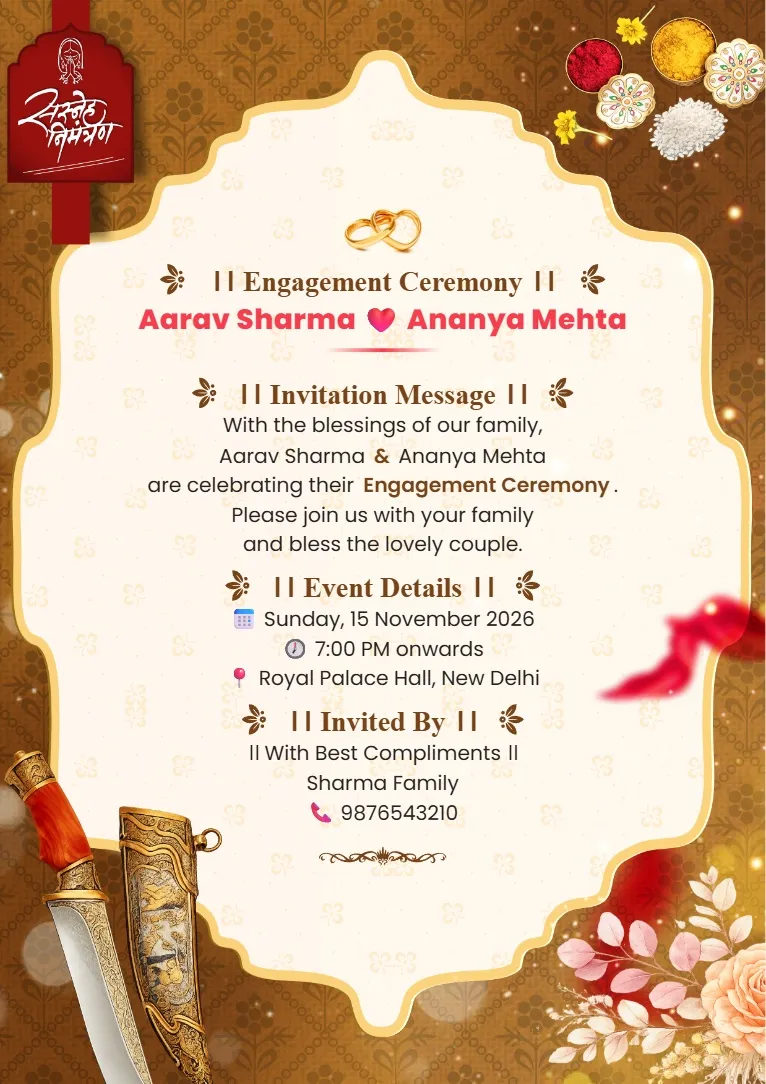 Golden brown engagement invitation card format with cream ornamental center, festive flowers and traditional wedding-style decorations