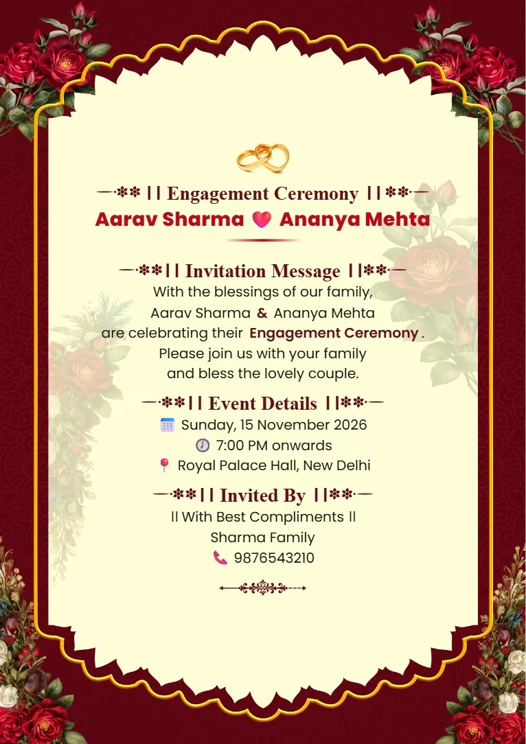 Maroon and gold traditional engagement invitation card with ornate decorative border