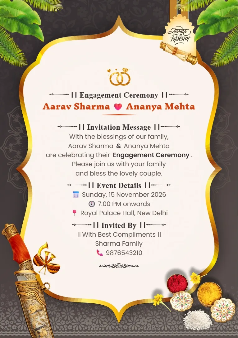 Royal red and gold engagement invitation card with couple photo frame and traditional border