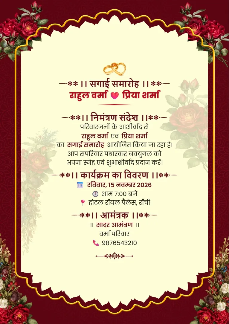 Maroon aur golden decoration ke saath cream frame wala engagement invitation card format in Hindi