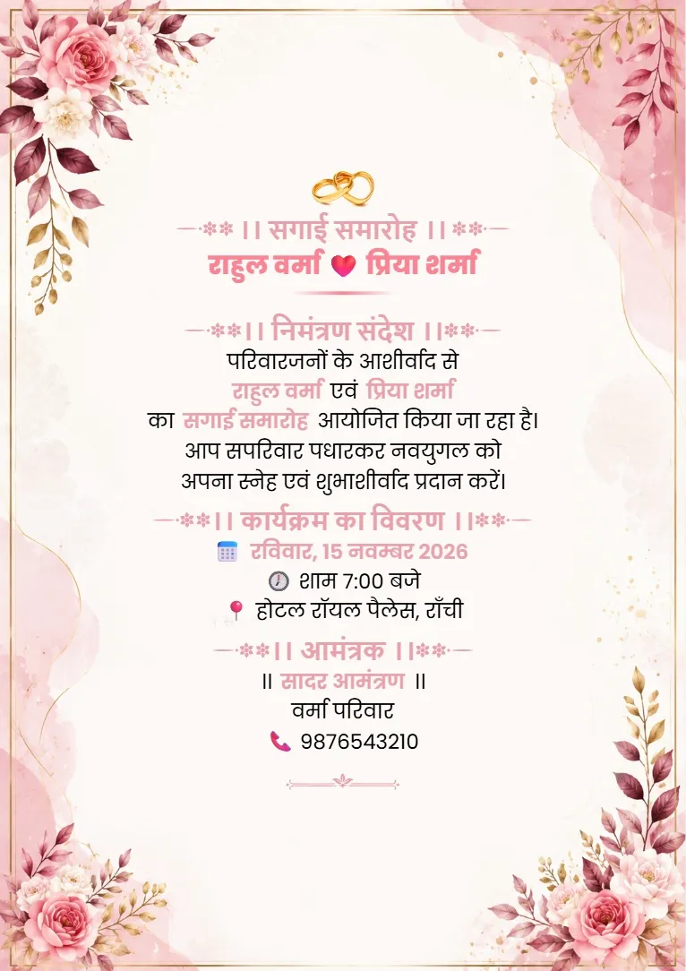 Light pink flowers aur cream frame wala attractive engagement invitation card format in Hindi