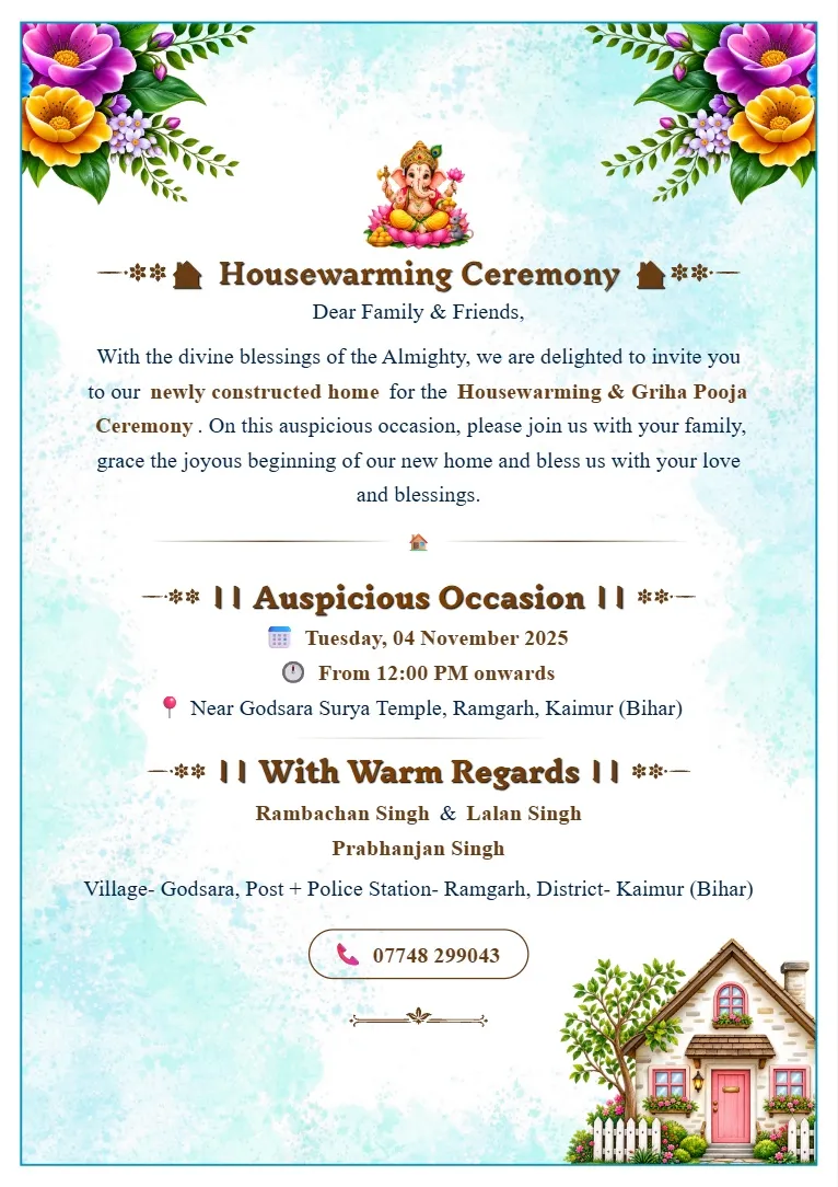 Blue floral Housewarming Invitation Template with leafy corners, colorful flowers, soft background and new home illustration