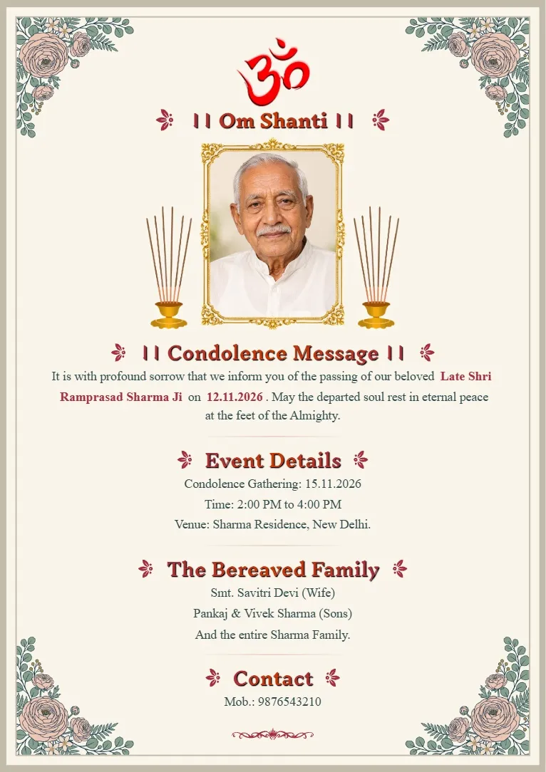 Condolence Card Maker design with framed portrait, Om Shanti heading, cream background, and detailed ornamental floral borders in the corners