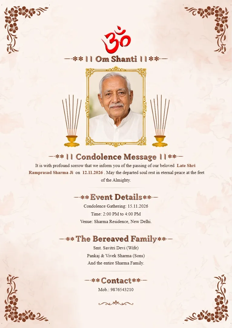 Condolence Card with framed portrait, Om Shanti heading, soft peach background, and traditional ornamental floral corner borders