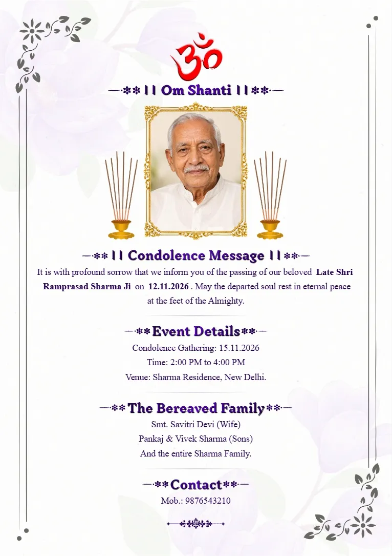 Condolence Card with framed portrait, Om Shanti heading, soft purple floral background, and elegant vertical border decoration