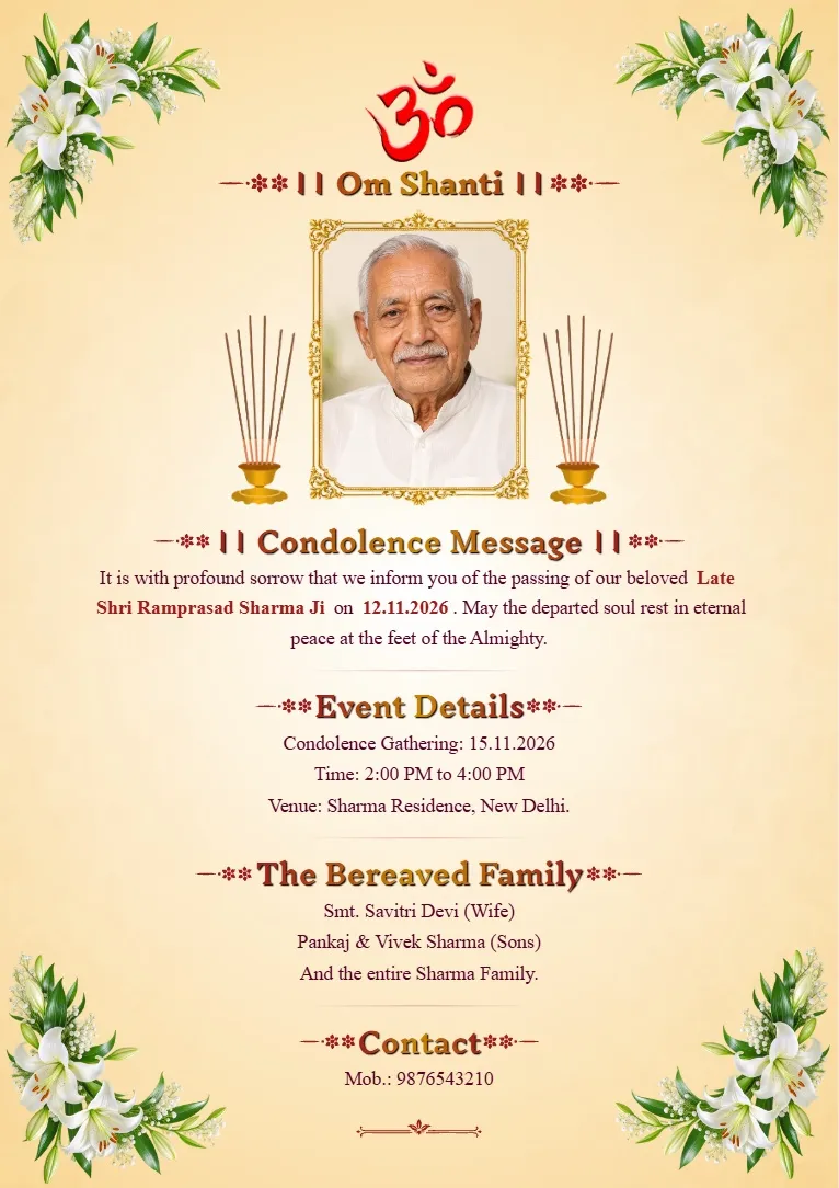 Condolence Card Maker design with framed portrait, Om Shanti symbol, light yellow background, and green leaf and white flower corner decorations
