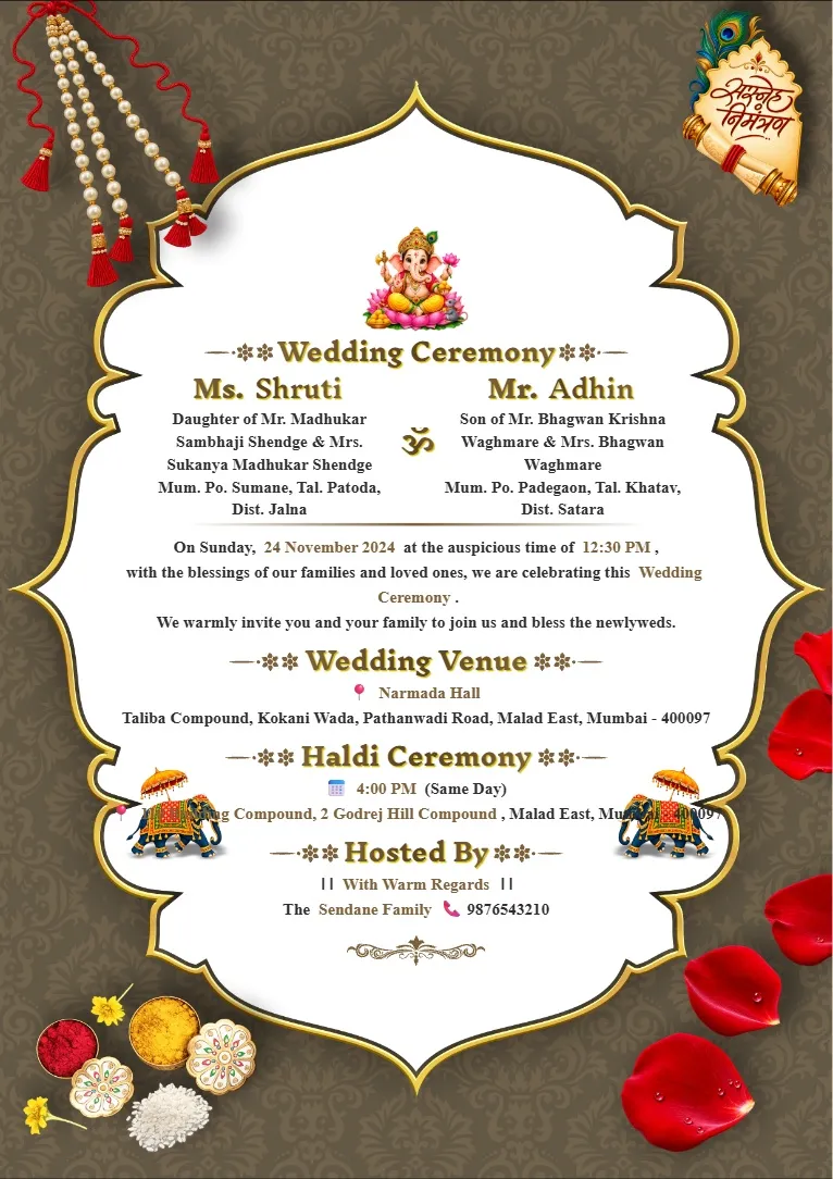 Dark traditional Wedding Card Format with gold decorative border, red rose accents, Indian wedding motifs and a classic invitation panel