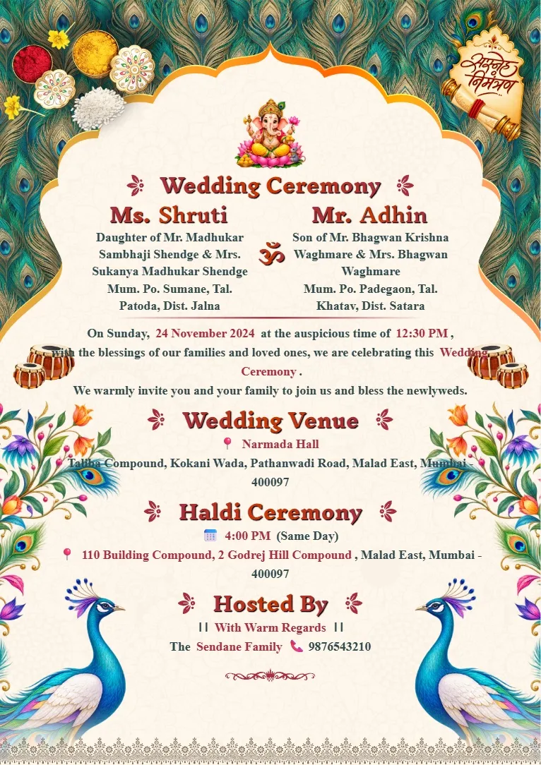Peacock Floral Theme Wedding Card Maker Template