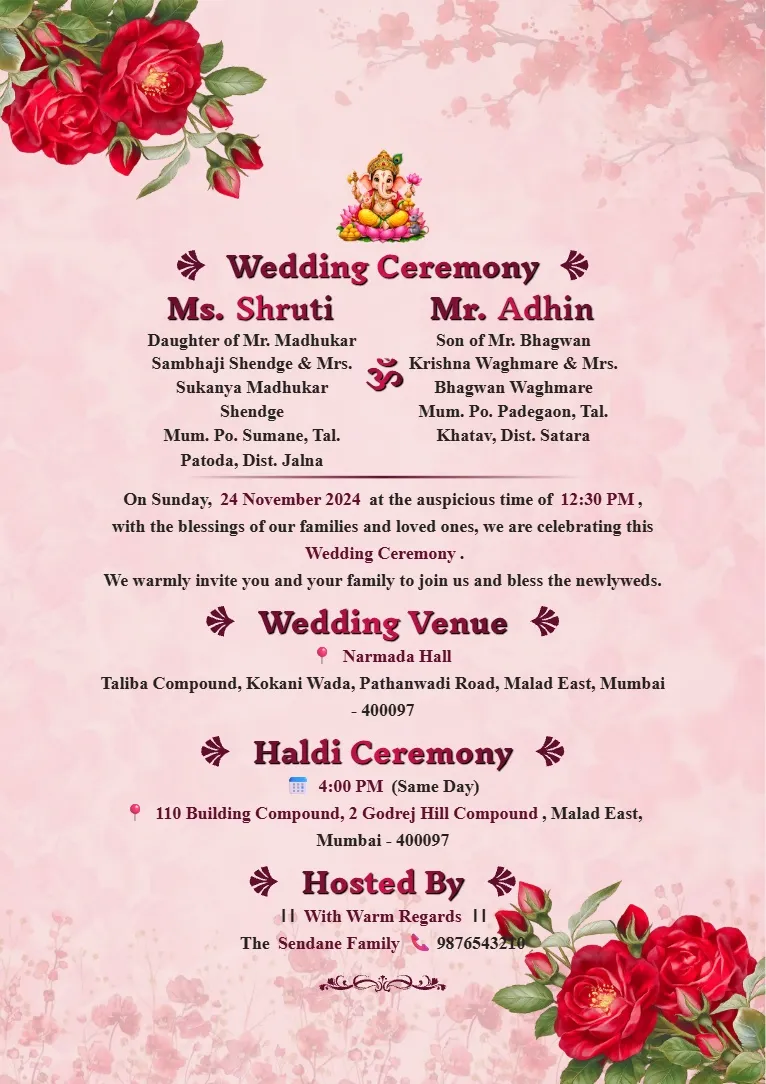 Elegant Pink Floral Wedding Invitation Template