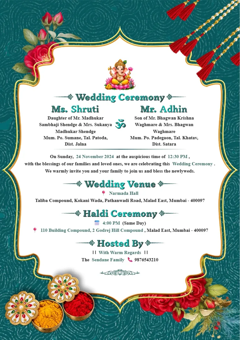 Teal Wedding Invitation Card template with ornate golden border, red decorative elements, traditional motifs and floral wedding accents